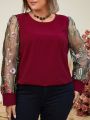 Plus Size Women'S Elegant Patchwork Long Sleeve Embroidered Mesh Shirt