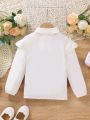 SHEIN Kids CHARMNG Little Girls' Casual Lapel Neck Long Sleeve Ruffle Trim Solid Color Slim Fit Shirt For Spring And Autumn