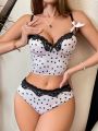 Ladies' Heart Printed Splice Lace Lingerie Set