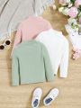 SHEIN Baby Girls' Cute Cat Expression Patterned Mock Neck Long Sleeve Top 3pcs Set For Casual Wear