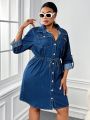 SHEIN SXY Plus Roll Tab Sleeve Belted Denim Dress