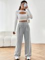 SHEIN Essnce Solid Color Pleated Culottes Pants