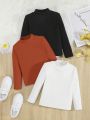 SHEIN Toddler Girls' Solid Color Stand Collar Long Sleeve T-shirt, 3pcs/pack