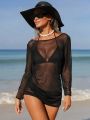 SHEIN Swim BohoFeel Women's Backless See-Through Mesh Cover-Up Dress