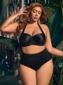 SHEIN Leisure Plus Size Solid Color Halter Neck Swimwear Top With Steel Ring