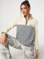 C MAREE Zipper Half Placket Contrast Color Fleece Sweatshirt