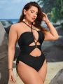 SHEIN Swim SXY Plus Cut Out Crisscross Tie Backless Halter One Piece Swimsuit