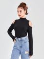 SHEIN 3pcs/set Teen Girls' Knit Ribbed Off Shoulder Mock Neck Long Sleeve T-shirts