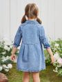 Young Girls' Holiday Leisure Sweet Ruffle Trim Sleeve And Loose Fit Denim Dress