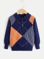 Young Boy Houndstooth & Plaid Pattern Polo Neck Sweater