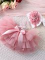 Baby Girls' Mesh Tutu Skirt And Rose Flower Headband Set, Perfect For Newborn Photography