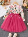 Young Girl Floral Print Mesh Hem Belted Dress