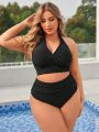 SHEIN Swim Vcay Plus Size Women's Solid Color Halter Neck Tie Swimsuit Set