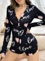 Women's Letter & Heart Print Long Sleeve Sleep Romper