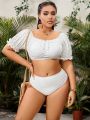 SHEIN Swim Vcay Plus Size Drawstring Eyelet Embroidery Short Sleeve Top With Triangle Bikini Set