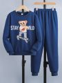 SHEIN Kids QTFun Boys' (big) Cartoon Bear & Letter Print Sweatshirt And Joggers Set