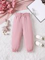 SHEIN Kids QTFun Little Girls' Solid Paper Bag Waist Casual Pants With Bowknot Detail And Color Blocking