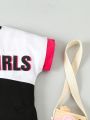 SHEIN Kids EVRYDAY Young Girls' Summer Fashionable 2pcs/Set Letter Printed Color Block T-Shirt And Shorts Outfit