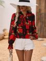 Women's Floral Print Neckline Lace-Up Shirt