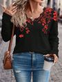 Women's Plus Size V-neck Floral Printed Long Sleeve T-shirt