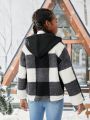 SHEIN Tween Girl Buffalo Plaid Pattern Drop Shoulder Teddy Jacket