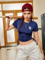 Street Sport Letter Print Drawstring Side Crop Top Sports T-Shirt