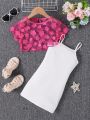 SHEIN Kids EVRYDAY Young Girl 2pcs/Set 3d Floral Mesh Top And Spaghetti Strap Dress