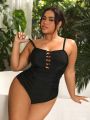 SHEIN Swim Basics Plus Size Solid Color Cross Detail One Piece Swimsuit