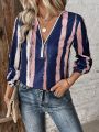 SHEIN LUNE Striped Zipper V-neck Rolled Sleeve Shirt