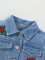 Girls' Vintage Personalized Rose Embroidery Denim Loose Fit Two Piece Set