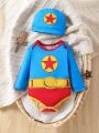 Baby Boy's Contrasting Color Superman-Shaped Printed Bodysuit And Hat