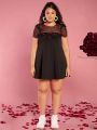 SHEIN CURVE+ Women's Plus Size Black Mesh & Heart Design Round Neck Skirt