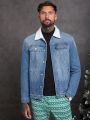 SHEIN Men Borg Collar Flap Pocket Denim Jacket