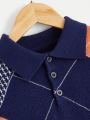 Young Boy Houndstooth & Plaid Pattern Polo Neck Sweater