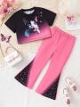 SHEIN Kids CHARMNG Little Girls' Black & Rose Red Color Block Cute Casual Holiday Comfortable 2pcs Outfits