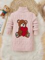 SHEIN Toddler Girls' Teddy Bear & Heart Design High Neck Long Sleeve Sweater Dress