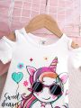 Baby Girls' Unicorn Printed Shoulder-Baring Casual Dress For Spring And Summer