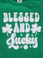 SHEIN 2pcs Baby Boy's Lucky Clover & Letter Pattern Short Sleeve Top Set