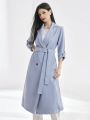 SHEIN Mulvari Women'S Solid Color Turn-Down Collar Tie Belt Outerwear