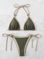 SHEIN Swim Basics Ladies' Single Color Bikini Set With Trim Details - Halter Triangle Bralette And Side Tie Bottom Swimsuit