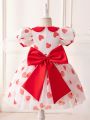 Little Girls' Love Heart Printed Mesh Splice Collar Bubble Sleeve Formal Dress