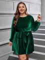 SHEIN LUNE Plus Size Velvet Lantern Sleeve Belted Dress