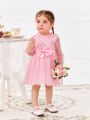 SHEIN Baby Girls' Elegant Pink Butterfly & Polka Dot Mesh Long Sleeve Dress