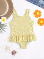 SHEIN Baby Girl Summer Vacation Floral Pattern Ruffled Strap One-Piece Swimsuit