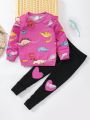 SHEIN Kids QTFun Little Girls' Dinosaur Printed Round Neck Sweatshirt And Leggings Set