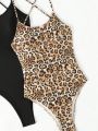 SHEIN Swim BAE Women's Solid Color And Leopard Printed One-piece Swimsuit With Matching Cover-up Set