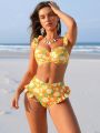 SHEIN Swim Mod Random Floral Print Ruffle Trimmed Bikini Swimsuit Set