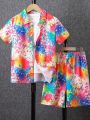 SHEIN Kids EVRYDAY Tween Boy Ink-Splatter Printed Short Sleeve Shirt And Shorts Set