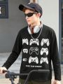 SHEIN Teenage Boys' Casual Comfortable Knitted Long Sleeve T-shirt With Game Controller Pattern