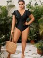 SHEIN Swim Vcay Plus Size Solid One-Piece Swimsuit With Ruffled Sleeves